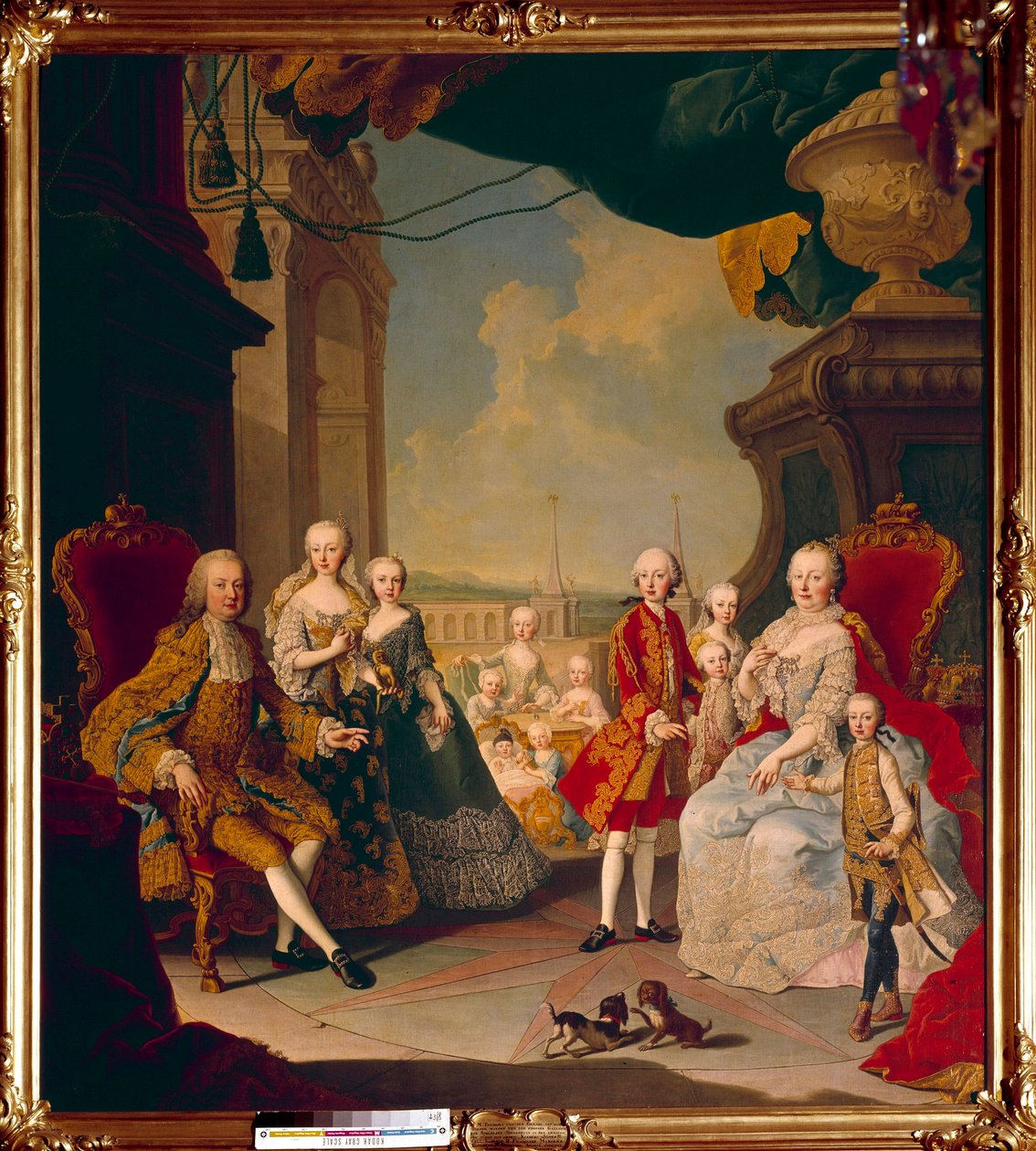 Franciszek I Świętego Cesarstwa (1708-1765) i jego żona imponująca Maria Teresa Iere (1717-1780) z jedenastoma dziećmi na tarasie zamku Schonbrunn (lub Schoenbrunn) Przyszła królowa Maria Antonina pozuje w centrum jeszcze dziecko. Farba autorstwa Daniel (and Studio) (after) Mytens