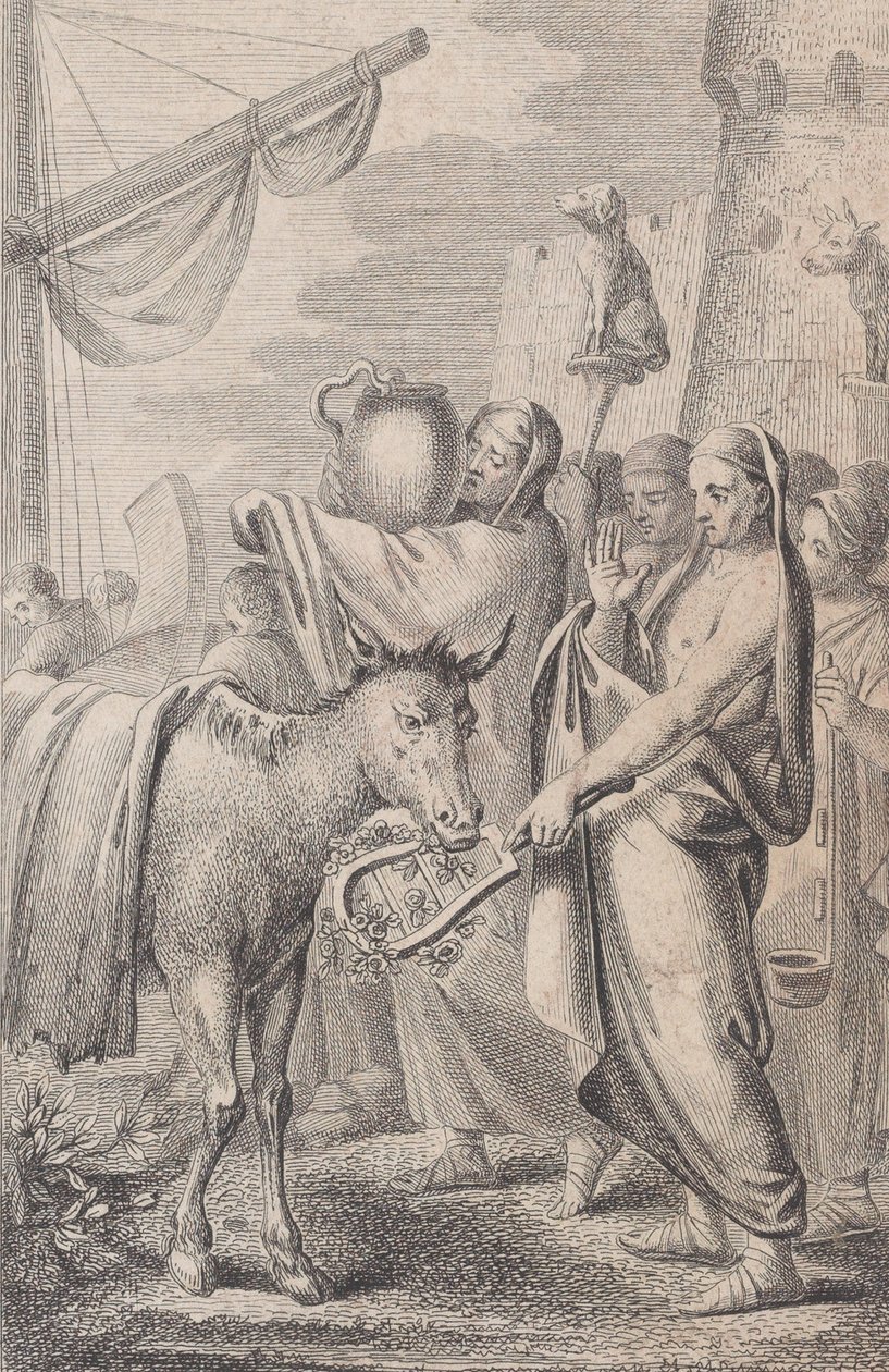 Postacie po prawej stronie przy statku, niektórzy trzymają zwierzęta nad głowami, koń po lewej, 1783 autorstwa Daniel Berger