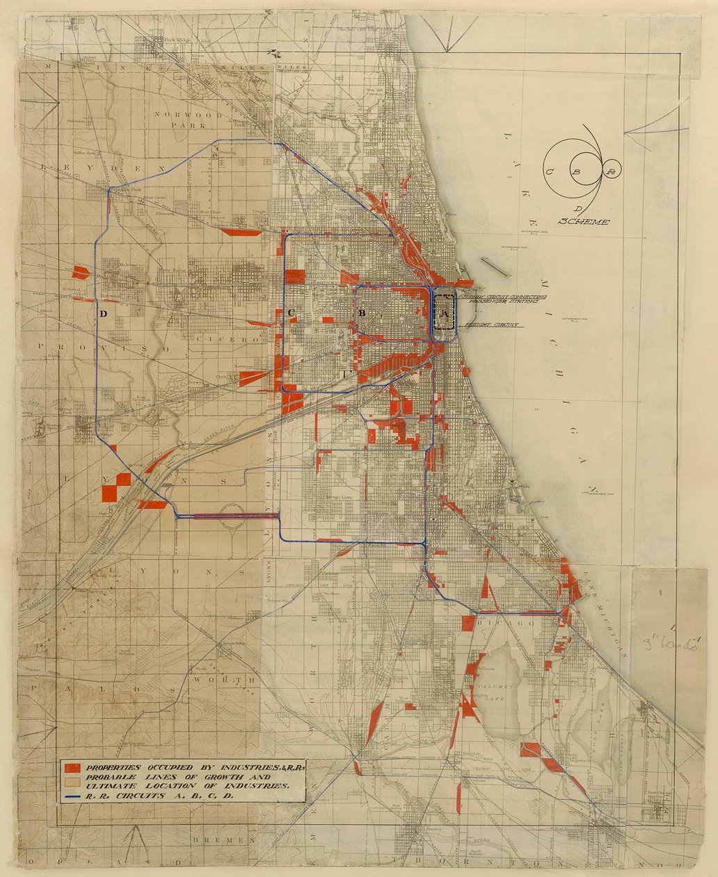Plan Chicago, Chicago, Illinois, Schemat obwodów kolejowych, 1909. autorstwa Daniel Burnham