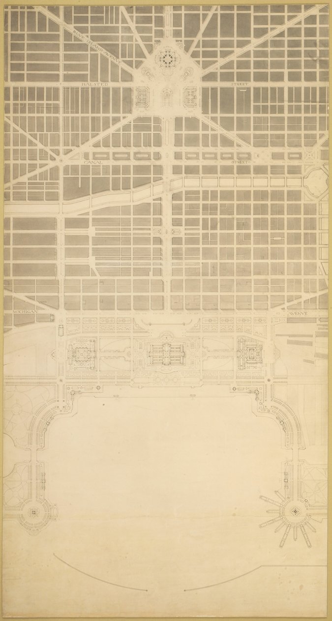 Tablica 129 z Planu Chicago, 1909: Chicago. Centrum Biznesowe Miasta, w obrębie... autorstwa Daniel Burnham