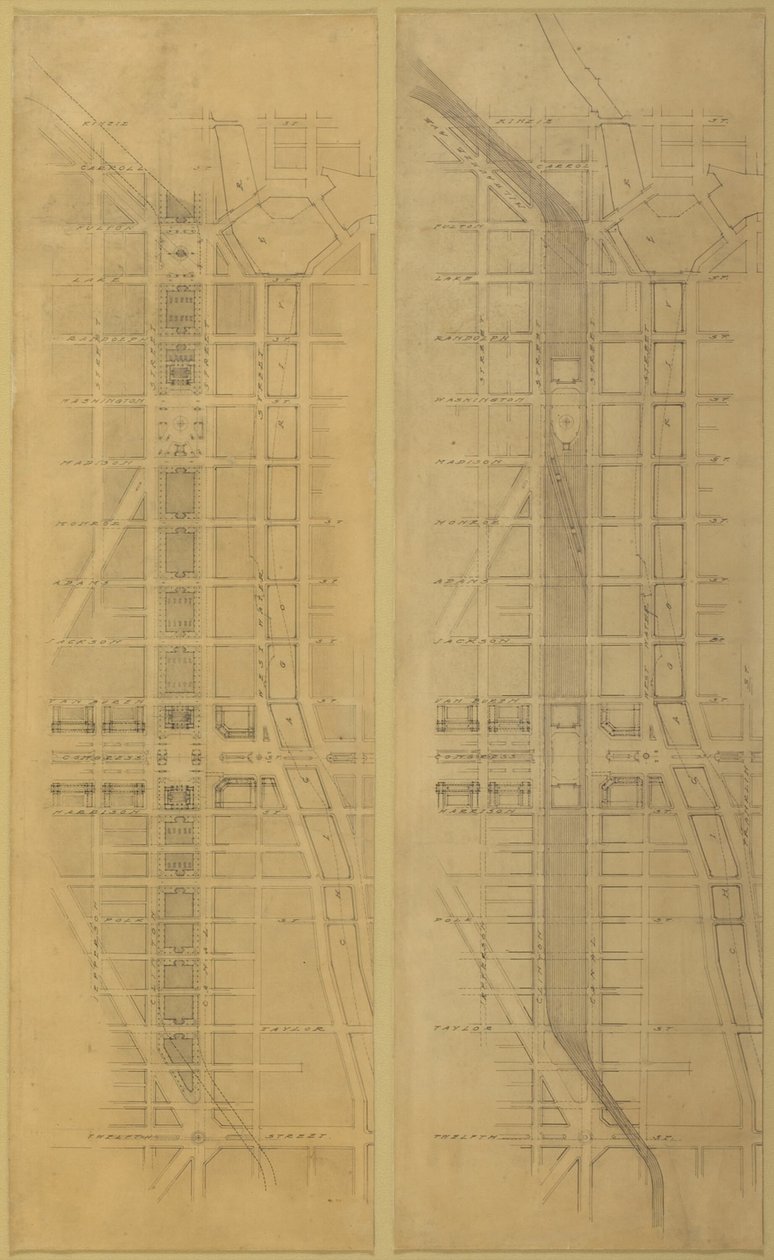Tablica 79 2 Rysunki z Planu Chicago, 1909: Sugerowana lokalizacja i układ... autorstwa Daniel Burnham