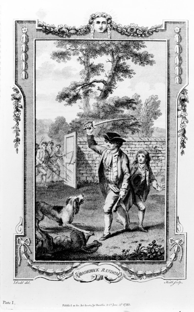 Wujek Rodericka Randoma zostaje zaatakowany przez psy, ilustracja z „Rodericka Random” Tobiasa Smolletta, grawerowana przez Jamesa Heatha, 1780 autorstwa Daniel Dodd