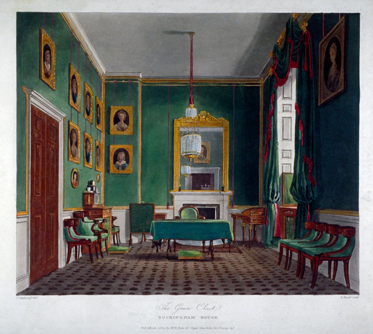 Widok wnętrza zielonej szafy w Buckingham House, Westminster, Londyn, 1819 autorstwa Daniel Havell
