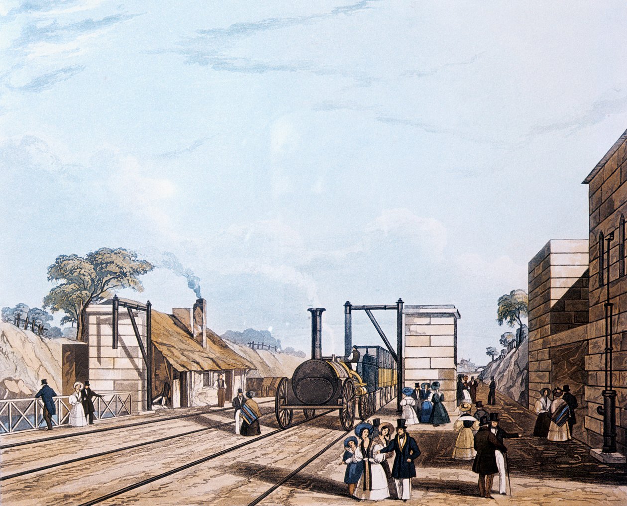 Kolej Liverpool i Manchester: Pobór wody w Parkside, 1831 (akwatinta) autorstwa Daniel Havell