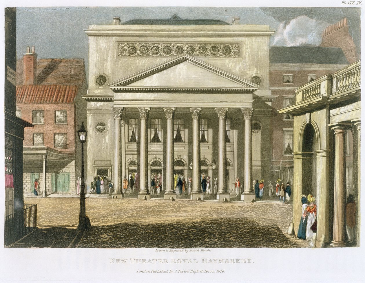 New Theatre Royal, Haymarket, w Londynie, zaprojektowany przez Johna Nasha w 1821, 1826 autorstwa Daniel Havell