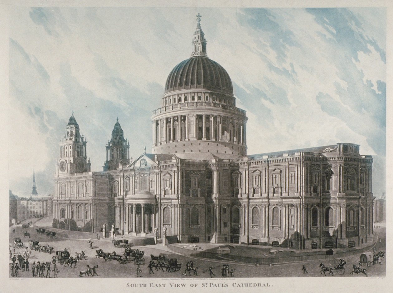Południowo-wschodni widok katedry św. Pawła z figurami i karetami na zewnątrz, City of London, 1818 autorstwa Daniel Havell