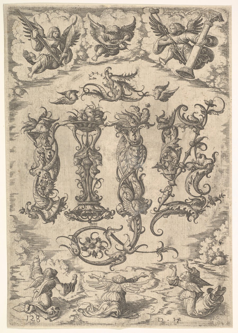 Monogram IHS w otoczeniu Sześciu Aniołów, ca. 1485-1536. autorstwa Daniel Hopfer