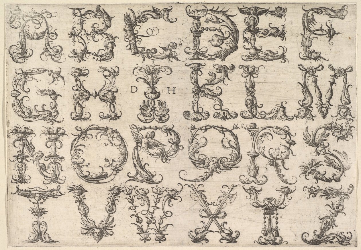 Zdobiony rzymski alfabet majestatyczny, ca. 1520. autorstwa Daniel Hopfer