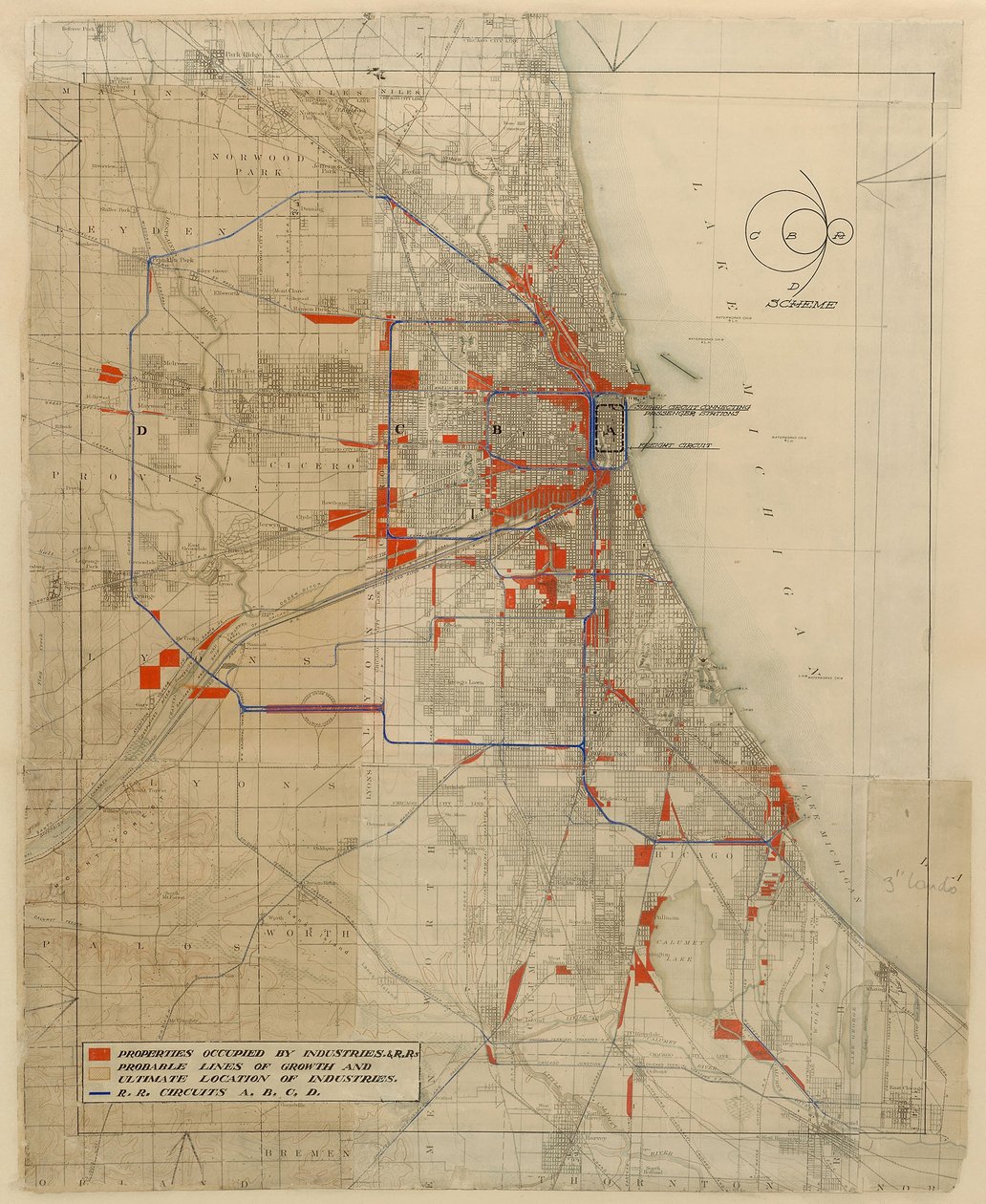 Plan Chicago, Chicago, Illinois, schemat obwodów kolejowych autorstwa Daniel Hudson Burnham