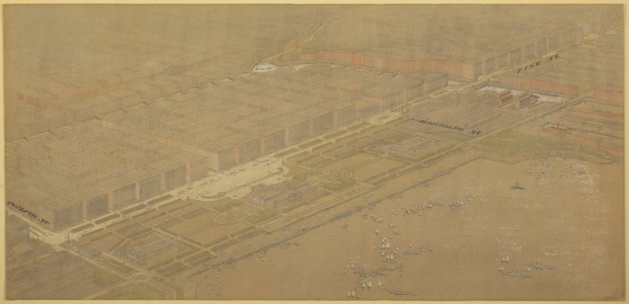 Plansza 114 z Planu Chicago, 1909: Chicago. Proponowany bulwar i autostrada na Michigan Avenue i Pine Street autorstwa Daniel Hudson Burnham