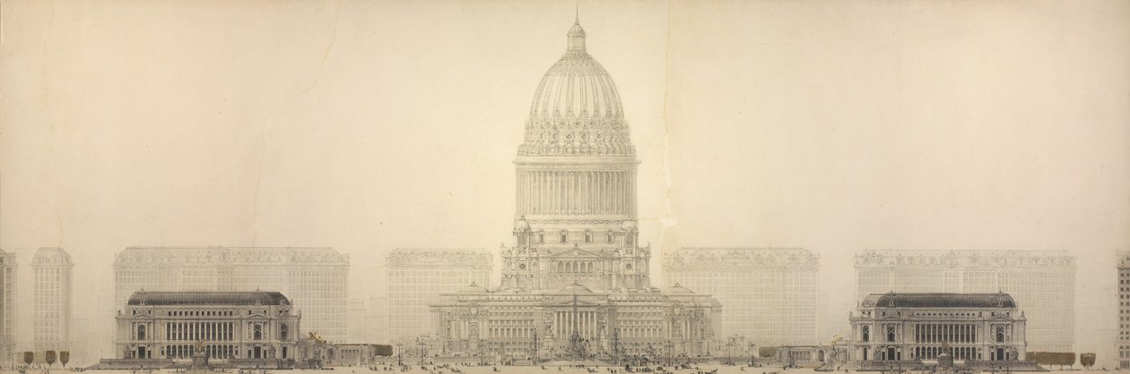 Plansza 131 z Planu Chicago, 1909: Chicago. Elewacja przedstawiająca grupę budynków tworzących proponowane Centrum Obywatelskie. autorstwa Daniel Hudson Burnham