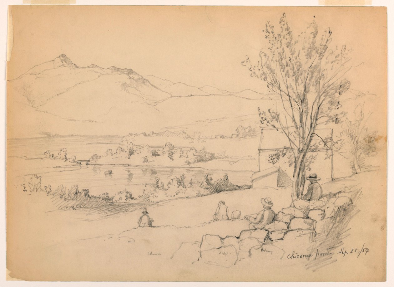 Rysunek, artyści szkicujący w Chocorua Pond, New Hampshire, 28 września 1854 r. autorstwa Daniel Huntington