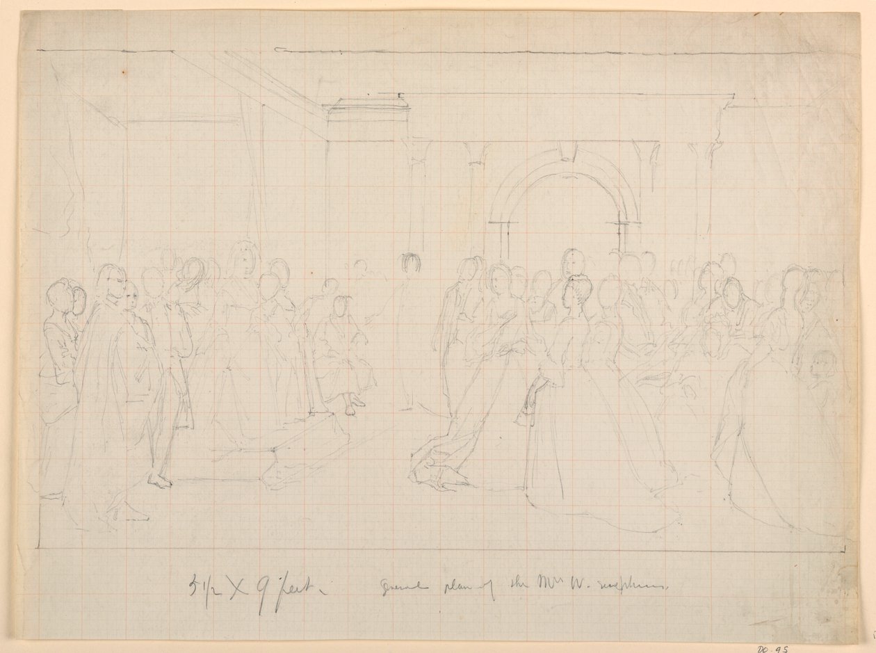 Rysunek, ogólny plan "Przyjęcia Marthy Washington", 1860 r. autorstwa Daniel Huntington