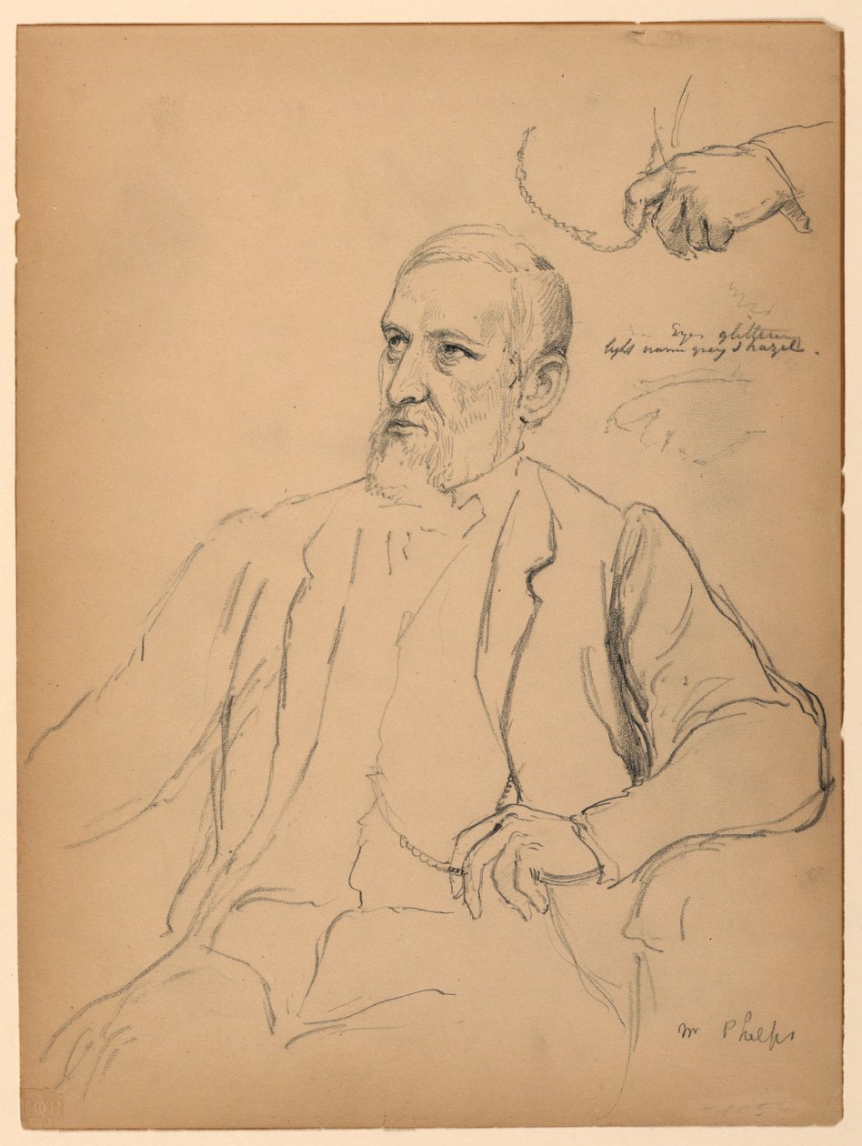 John Jay Phelps w pozycji siedzącej, oddzielne badanie dłoni i łańcucha autorstwa Daniel Huntington
