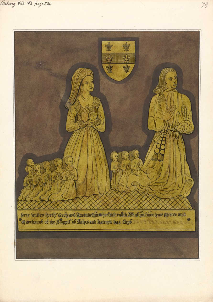 Mosiężna płyta dla Richarda Amondeshama i jego żony Katherine, Ealing Church autorstwa Daniel Lysons