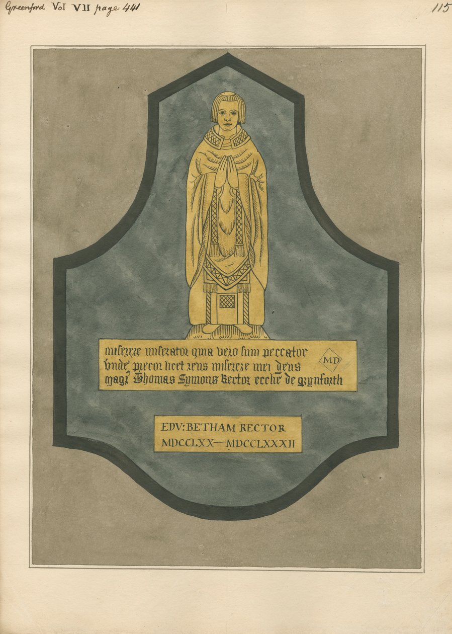 Talerz mosiężny dla Thomasa Symonsa z Greenford Church autorstwa Daniel Lysons