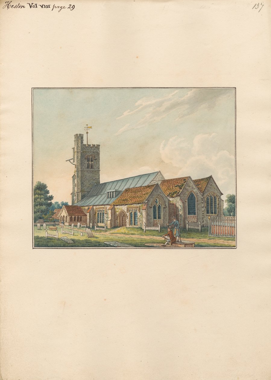 Heston Churchyard z artystą szkicującym nagrobki autorstwa Daniel Lysons