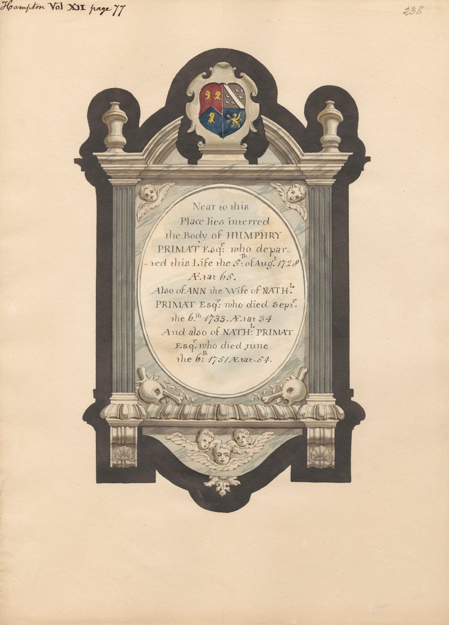 Memorial para Humphry Primat, Nathaniel e Ann Primat de Hampton Churchpolish autorstwa Daniel Lysons