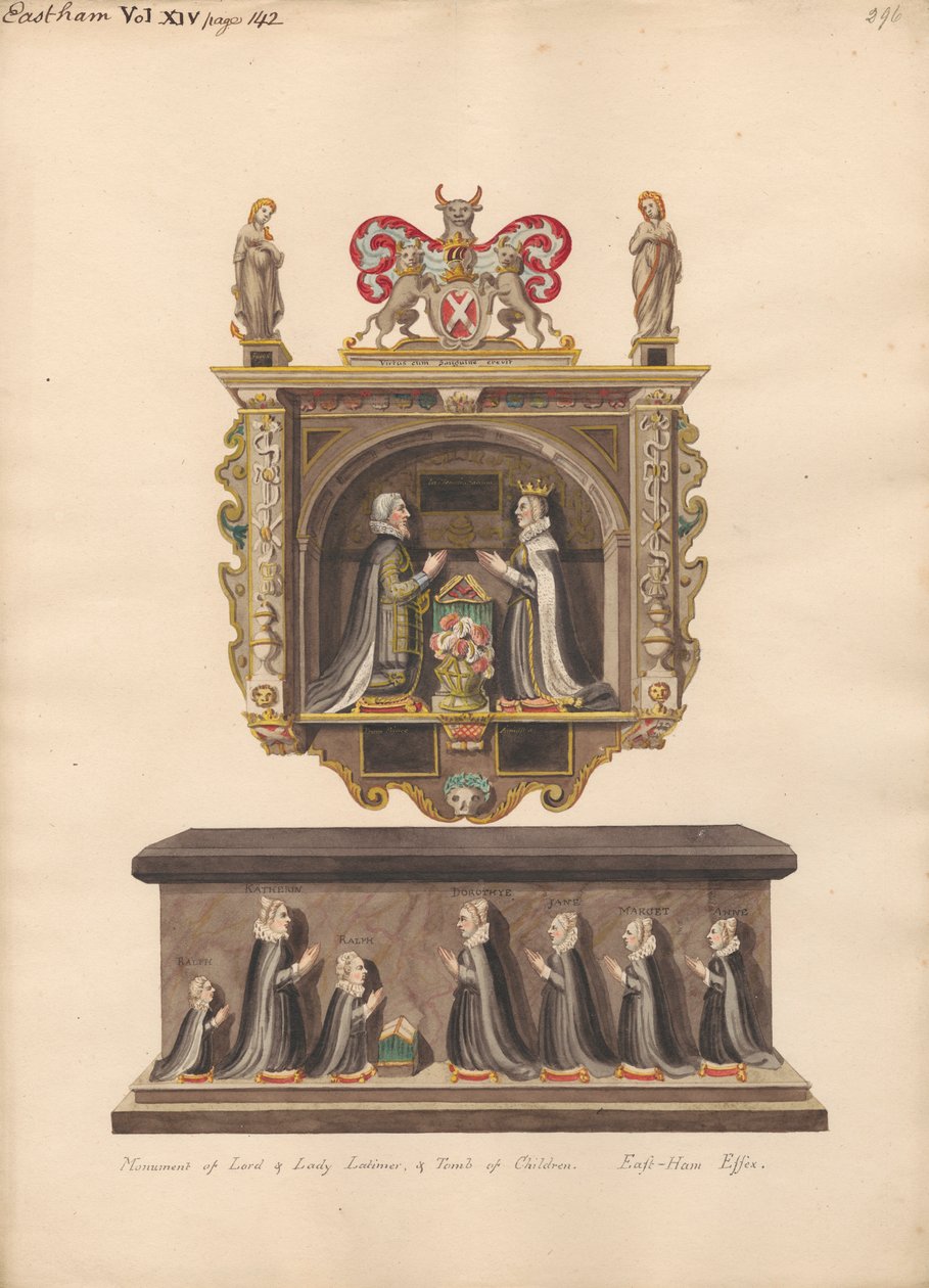 Pomnik Lorda i Lady Latimer oraz Grób dzieci Ralpha, Katherin, Ralpha, Dorothye, Jane, Margaret i Anne z kościoła East Ham autorstwa Daniel Lysons
