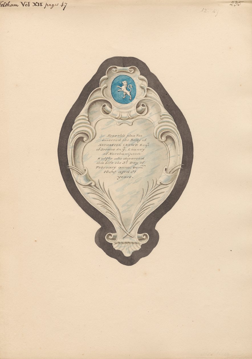 Pomnik Nathaniela Crewe z Feltham Church autorstwa Daniel Lysons
