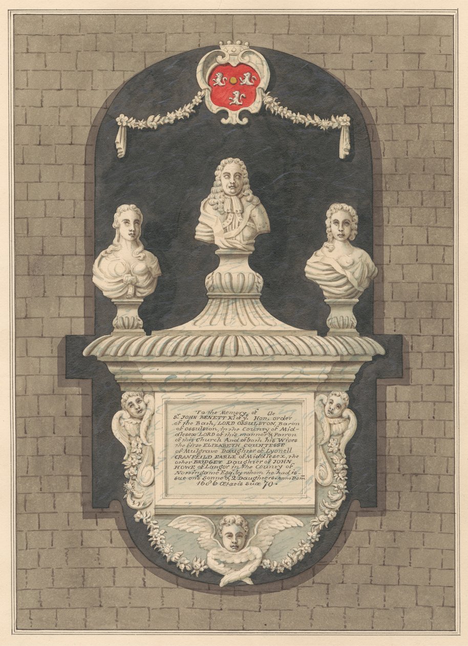 Pomnik Sir Johna Bennetta i jego żon Elizabeth i Bridget z Harlington Church autorstwa Daniel Lysons