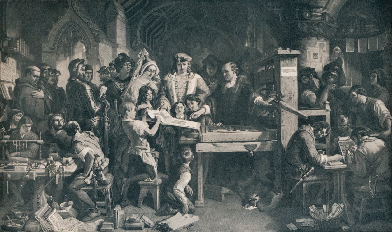 Caxton pokazuje pierwszy egzemplarz swojego druku królowi Edwardowi IV, c1858, 1911 autorstwa Daniel Maclise