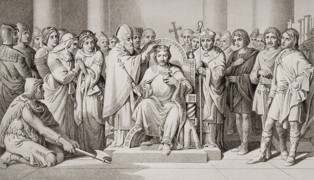 Koronacja Harolda II (ok.1022-66) króla anglosaskiego w 1066 r., z „Ilustracji historii angielskiej i szkockiej” tomu I autorstwa Daniel Maclise