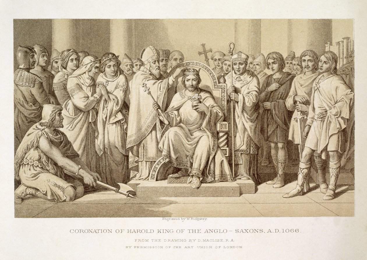 Koronacja Harolda, króla anglosaskiego, grawerowana przez W. Ridgewaya autorstwa Daniel Maclise