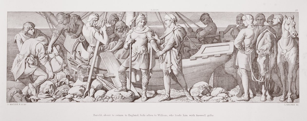 Harold, wracający do Anglii, żegna się z Wilhelmem, który obdarowuje go pożegnalnymi prezentami, z "Historii podboju normańskiego", ryc. L. Gruner, 1866 r. autorstwa Daniel Maclise