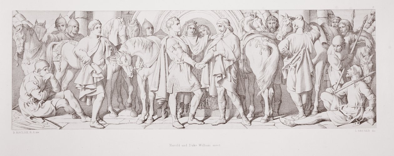 Spotkanie Harolda i księcia Williama, z „Historii podboju normańskiego”, rytowanej przez L. Grunera, 1866 autorstwa Daniel Maclise