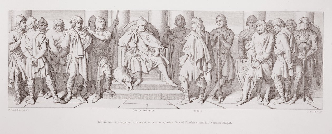 Harold i jego towarzysze przynieśli jako więźniowie przed Guya z Ponthieu i jego normańskich rycerzy z „Historii podboju normańskiego”, rytowanej przez L. Grunera, 1866 autorstwa Daniel Maclise