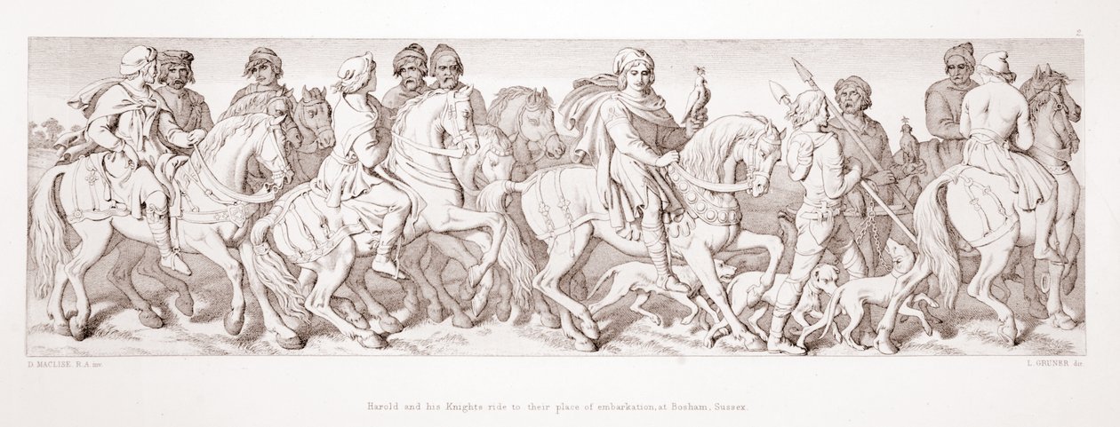 Harold i jego rycerze jadą do miejsca zaokrętowania w Bosham, Sussex, z „Historii o podboju normańskim”, rytego przez L. Grunera, 1866 autorstwa Daniel Maclise
