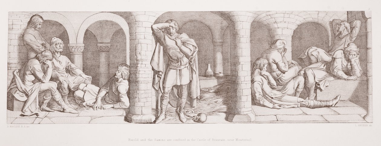 Harold i Sasi są zamknięci w zamku Beaurain, niedaleko Montreuil, z „Historii podboju normańskiego”, wyrytej przez L. Grunera, 1866 autorstwa Daniel Maclise