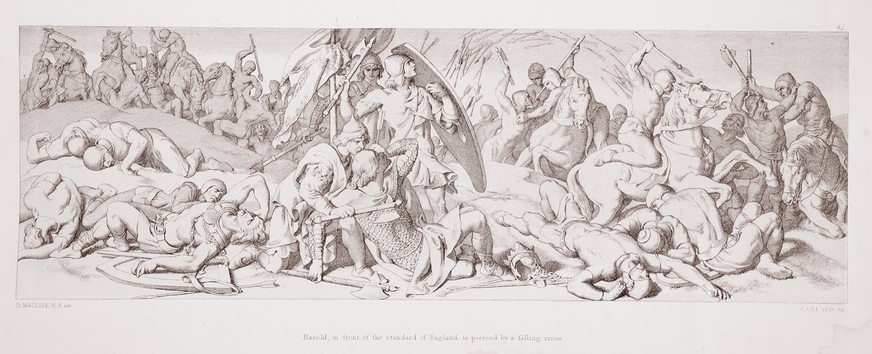 Harold, przed sztandarem Anglii, jest przeszyty spadającą strzałą, z „Historii podboju normańskiego”, rytowanej przez L. Grunera, 1866 autorstwa Daniel Maclise