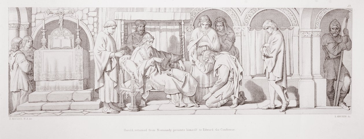Harold, który wrócił z Normandii, przedstawia się Edwardowi Wyznawcy, z „Historii podboju normańskiego”, rytowanej przez L. Grunera, 1866 autorstwa Daniel Maclise