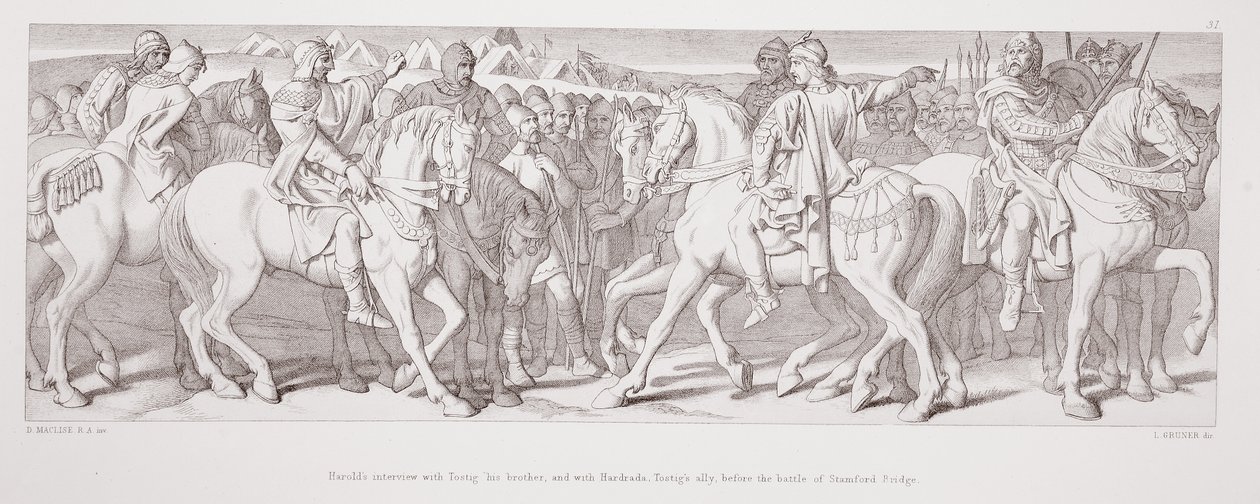 Rozmowa Harolda z Tostigiem, jego bratem, i z Hardradą, sprzymierzeńcem Tostiga, przed bitwą pod Stamford Bridge, z "Historii podboju normańskiego", rycina L. Grunera, 1866 r. autorstwa Daniel Maclise