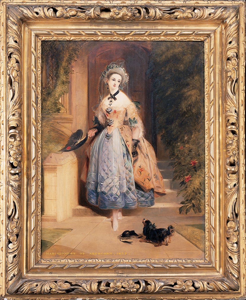 Portret Louisy Jane, markizy Abercorn, mały, pełnometrażowy, w misternie haftowanej żółto-niebieskiej sukience, przy wejściu do domu, ze spanielem, 1832 autorstwa Daniel Maclise