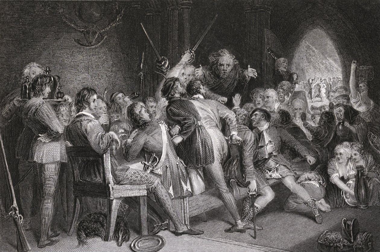 Hall of Glennaquoich – góralska uczta, grawerowana przez P. Lightfoota, z „Waverly” Sir Waltera Scotta (1771-1832) autorstwa Daniel Maclise