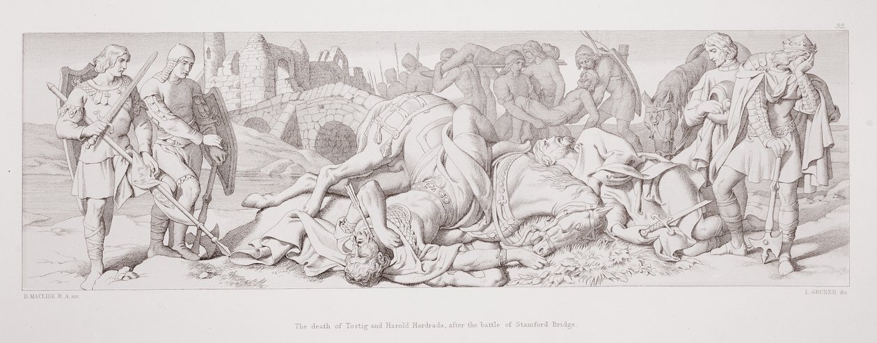 Śmierć Tostiga i Harolda Hardrady po bitwie pod Stamford Bridge, z "Opowieści o podboju normańskim", rycina L. Grunera, 1866 r. autorstwa Daniel Maclise