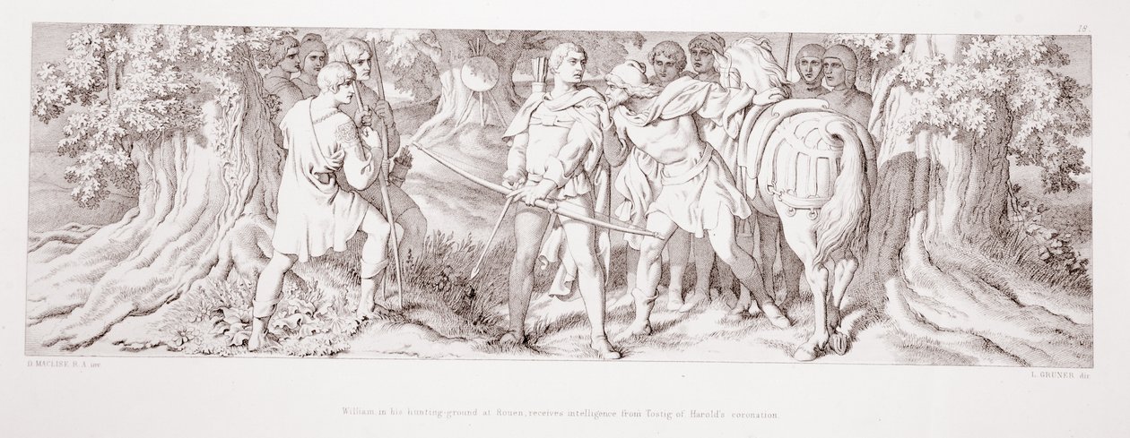 William, na swoim terenie łowieckim w Rouen, otrzymuje informacje od Tostiga z koronacji Harolda, z „Historii podboju normańskiego”, rytowanej przez L. Grunera, 1866 autorstwa Daniel Maclise