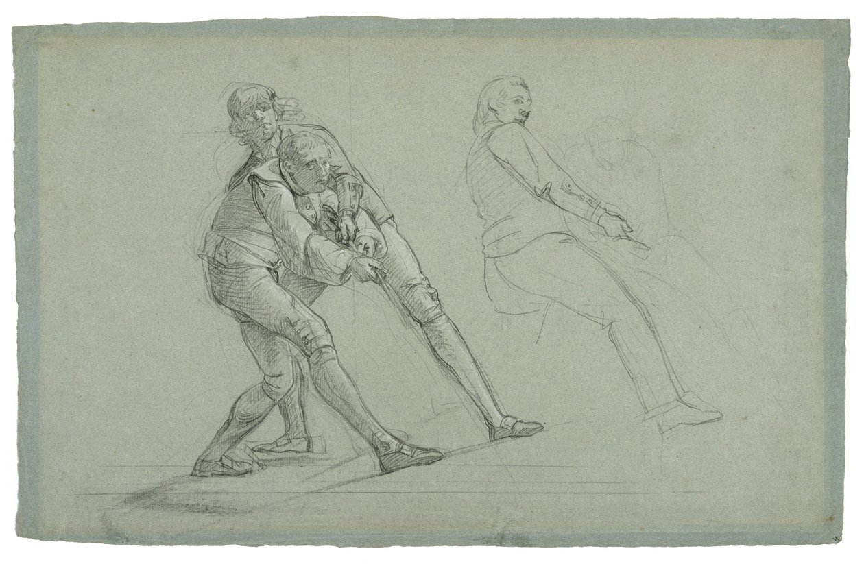 Study for The Siege of Gibraltar (studium postaci ciągnących na linie), 1785-1786 (czarno-biała kreda na szaro-niebieskim papierze) autorstwa Daniel Mytens