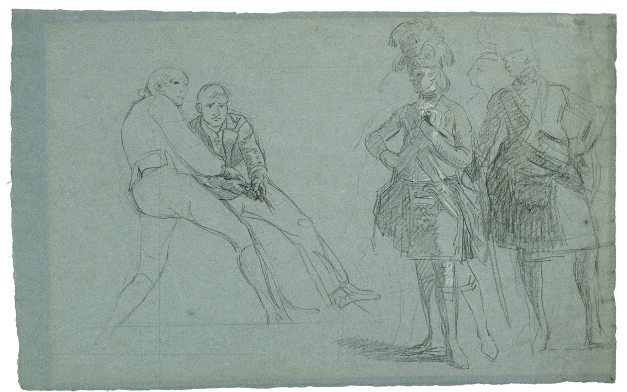 Studium Oblężenia Gibraltaru (Studium podpułkownika Lindsaya i Figury ciągnące linę), ok. 1930 r. 1786-1787 (grafit i kreda czarno-biała na szaro-niebieskim papierze) autorstwa Daniel Mytens