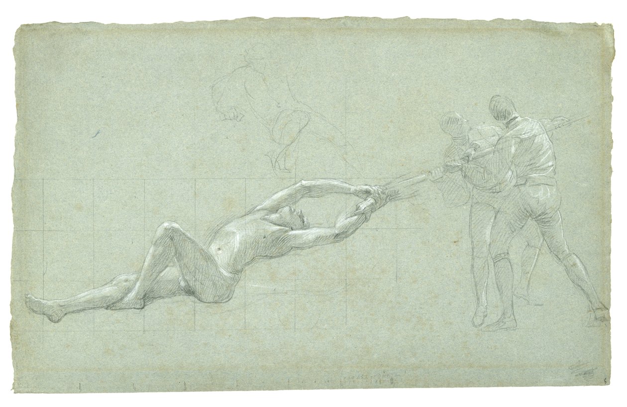 Study for The Siege of Gibraltar (studium uratowanej postaci i dwóch postaci ciągnących wiosło), 1785-1786 (czarno-biała kreda na szaro-zielonym papierze) autorstwa Daniel Mytens