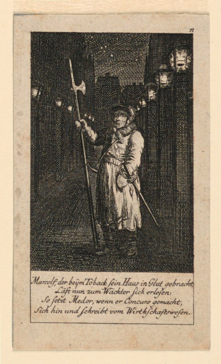 Strażnik nocny, ilustracja do „Königl: Grosbrit [anian] kalendarz genealogiczny na rok 1780 Lauenberg autorstwa J.G. Berenberga” autorstwa Daniel Nikolaus Chodowiecki