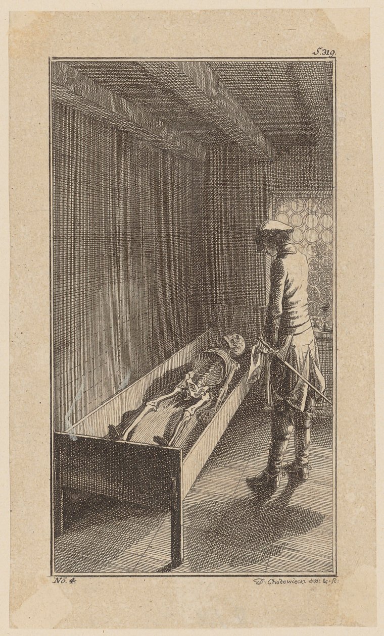 Bunkel przygląda się szkieletowi Johna Ortona, arkusz 4 z „Życia, uwag i opinii Johanna Bunkela” autorstwa Daniel Nikolaus Chodowiecki