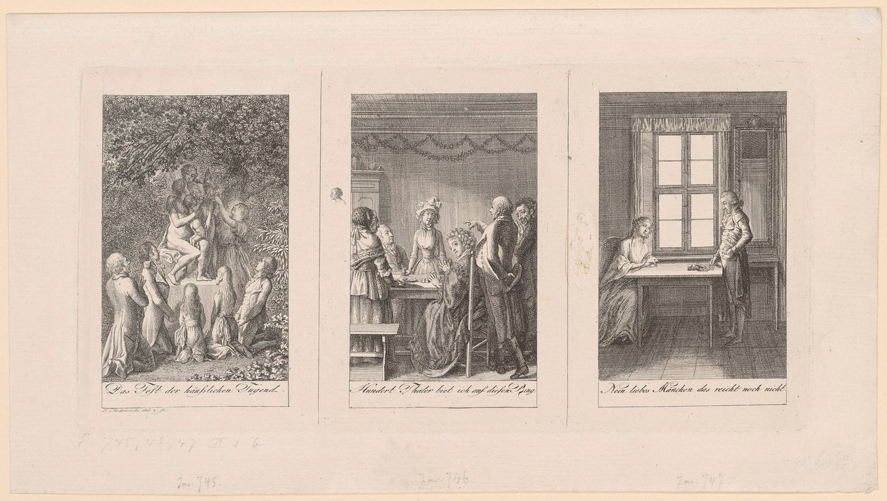 Trzy karty do „Kieszonkowego kalendarza [...] na rok 1795” Ehrenberga autorstwa Daniel Nikolaus Chodowiecki