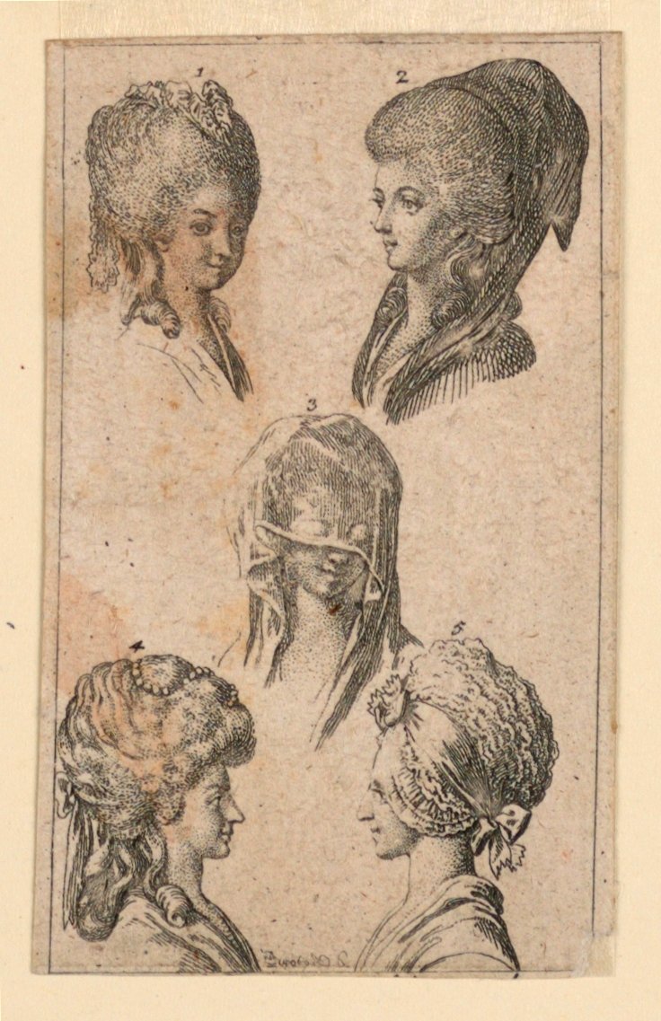 Pięć nakryć głowy, jak noszone przez kobiety z Berlina, ilustracja do „Königl: Grosbrit [anian] kalendarz genealogiczny na rok 1782 Lauenberg autorstwa J.G. Berenberga” autorstwa Daniel Nikolaus Chodowiecki