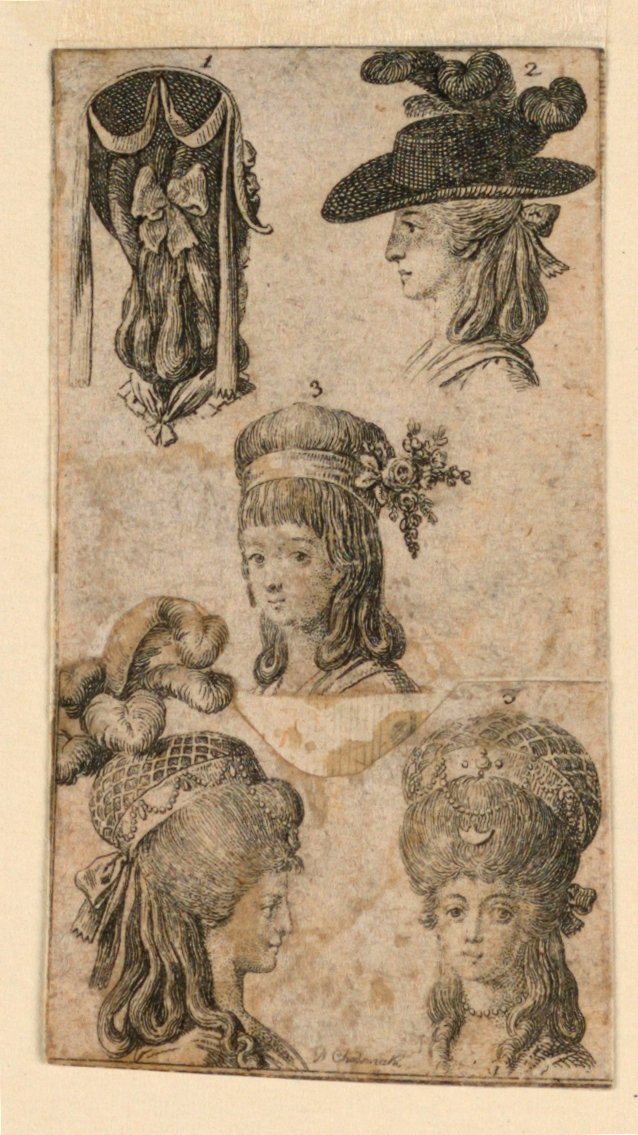 Pięć nakryć głowy dla kobiet, dwa fragmenty ilustracji do „Königl: Grosbrit [anian] kalendarz genealogiczny na rok 1781 Lauenberg autorstwa J.G. Berenberga” autorstwa Daniel Nikolaus Chodowiecki