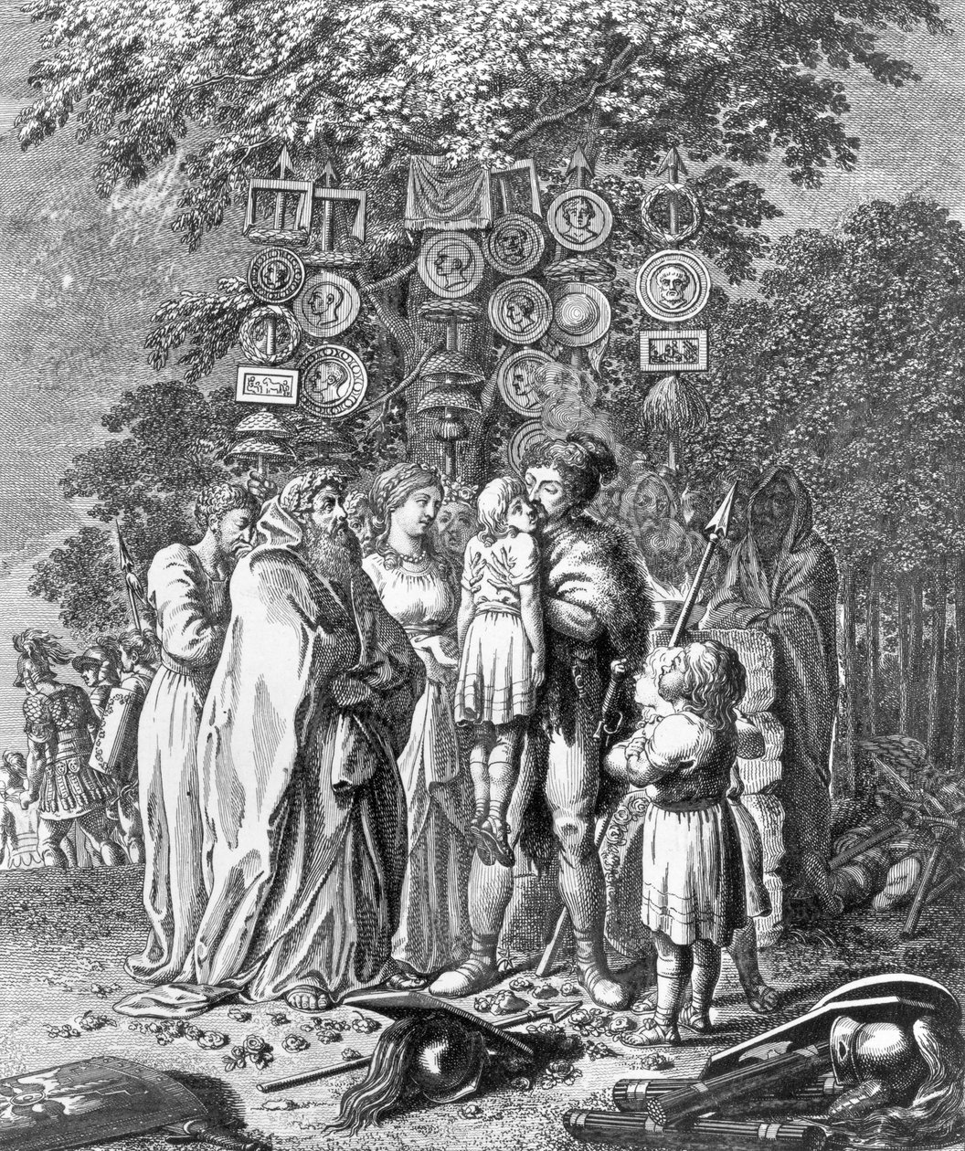 Hermann, stojąc przed wielkim dębem, podnosi rannego chłopca ofiarnego i całuje go. Ilustracja nr 1 do „Życia wielkich Niemców” Kleina, tom 1 autorstwa Daniel Nikolaus Chodowiecki