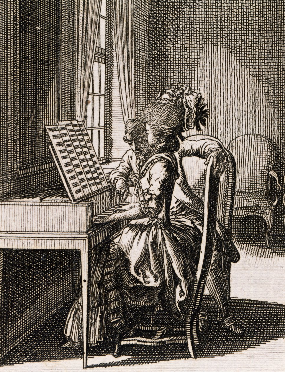 Muzyka, kobieta grająca na spinecie, autor: Daniel Nikolaus Chodowiecki (1726-1801), z Occupations des dames, Niemcy, Polska autorstwa Daniel Nikolaus Chodowiecki
